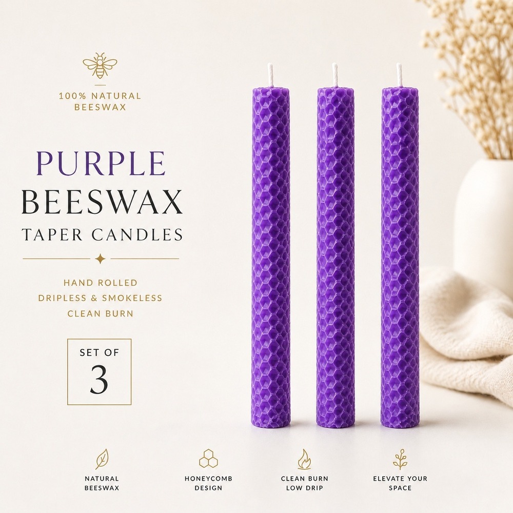 Purple Beeswax Taper Candles Hand Rolled Honeycomb Smokeless Cottagecore s/3